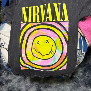 NIRVANA Black Tee with Yellow and Pink Design